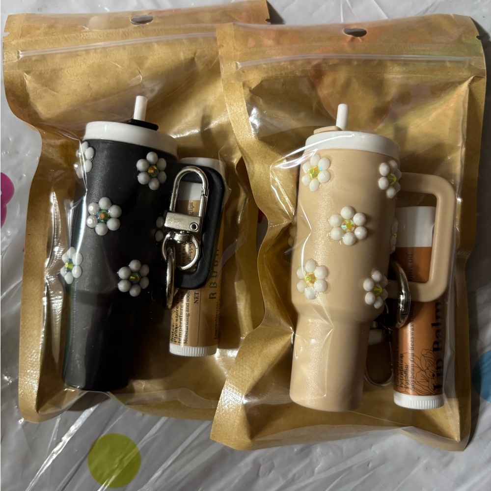 2 Custom rhinestone chapstick Stanley keychain holders! Black and tan